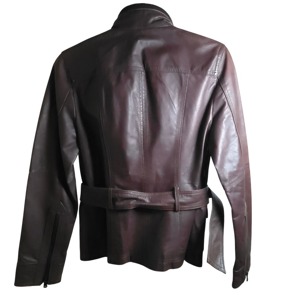 Kenneth Cole Reaction Brown Leather Jacket Women's Medium Belted Moto Zip Cuffs - Picture 12 of 15